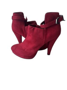 DIBA Women’s Red Suede Ankle Booties Buckle Side Zip High Heel Size 8M